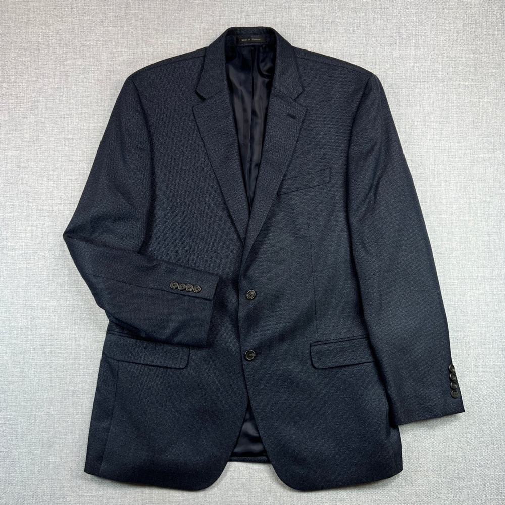 Chaps Micro Herringbone Blazer Sport Coat Men 44L Navy Blue Two Button Tailored